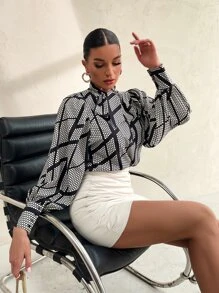 SHEIN BIZwear 波卡圓點和幾何印花燈籠袖襯衫工作服 - 黑與白 - 查看 4