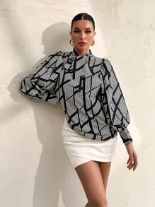 SHEIN BIZwear 波卡圓點和幾何印花燈籠袖襯衫工作服 - 黑與白 - 查看 5