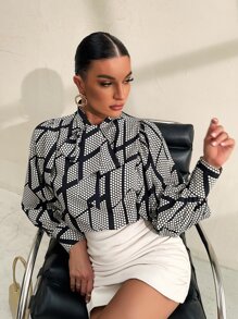 SHEIN BIZwear 波卡圓點和幾何印花燈籠袖襯衫工作服 - 黑與白 - 查看 6