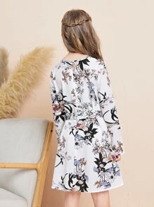 SHEIN Đầm Gái Thắt lưng Nút Cắt ra Trọn gói Hoa Boho - Nhiều màu - Xem 2