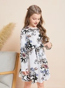 SHEIN Đầm Gái Thắt lưng Nút Cắt ra Trọn gói Hoa Boho - Nhiều màu - Xem 3