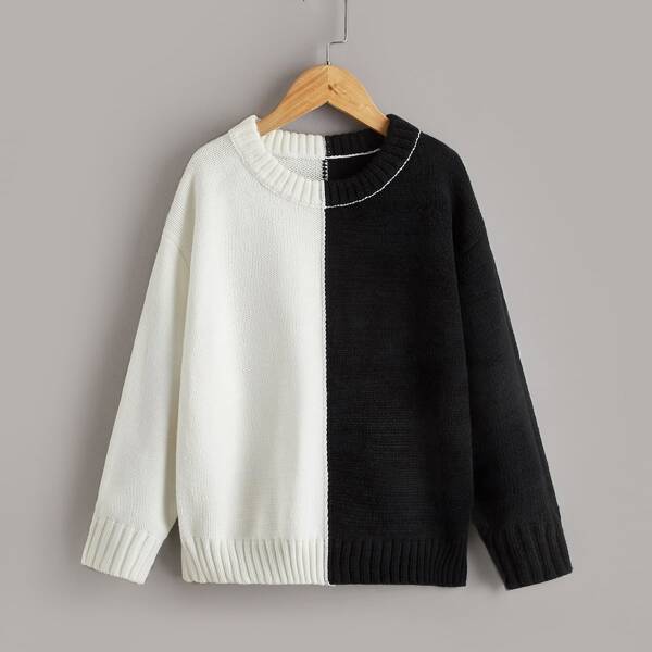 

Girls Two Tone Drop Shoulder Sweater, Black and white