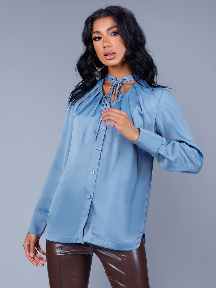 Tie Neck Fold Pleat Slit Hem Blouse