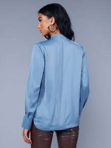 SHEIN BAE Áo sơ mi nữ Xù Chia Thắt nơ trước Nút phía trước màu trơn Thanh lịch - Màu xanh lam - Xem 2