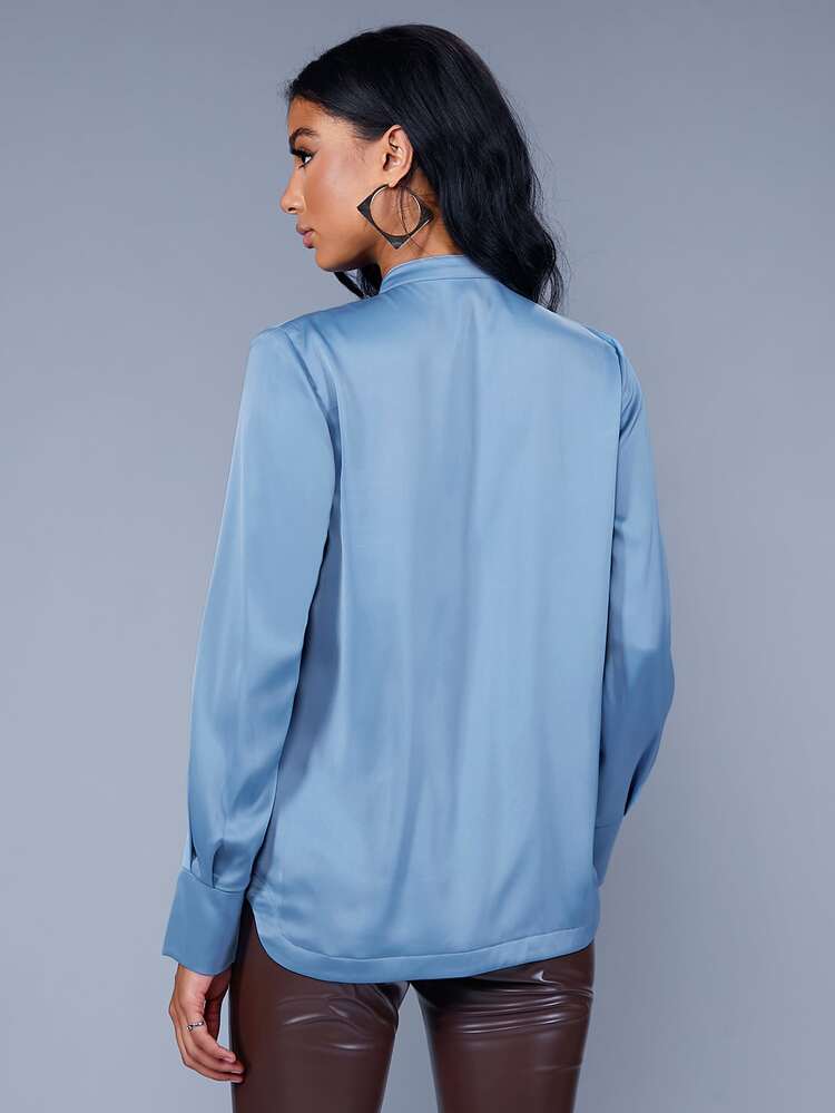 Tie Neck Fold Pleat Slit Hem Blouse