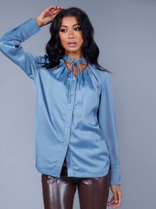 SHEIN BAE Áo sơ mi nữ Xù Chia Thắt nơ trước Nút phía trước màu trơn Thanh lịch - Màu xanh lam - Xem 3