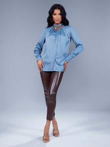 SHEIN BAE Áo sơ mi nữ Xù Chia Thắt nơ trước Nút phía trước màu trơn Thanh lịch - Màu xanh lam - Xem 5