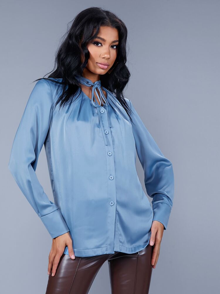 Tie Neck Fold Pleat Slit Hem Blouse