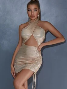 D&M Drawstring Side Criss Cross Halter Bodycon Dress - Champagne - View 4