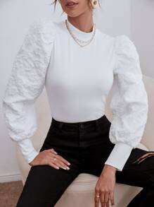 SHEIN Privé 提花泡泡袖小高領上衣 - 白色 - 查看 1