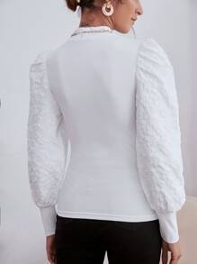 SHEIN Privé 提花泡泡袖小高領上衣 - 白色 - 查看 2