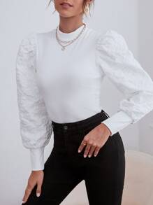 SHEIN Privé 提花泡泡袖小高領上衣 - 白色 - 查看 3