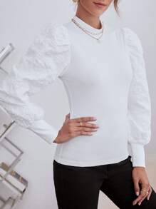 SHEIN Privé 提花泡泡袖小高領上衣 - 白色 - 查看 4