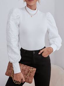 SHEIN Privé 提花泡泡袖小高領上衣 - 白色 - 查看 5