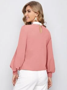 Seusyu Embroidery Contrast Collar Lantern Sleeve Top - Dusty Pink - View 2