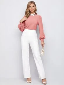 Seusyu Embroidery Contrast Collar Lantern Sleeve Top - Dusty Pink - View 3