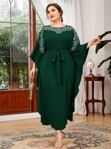 Al Najma Plus Embroidery Belted Dress - Dark Green - View 1