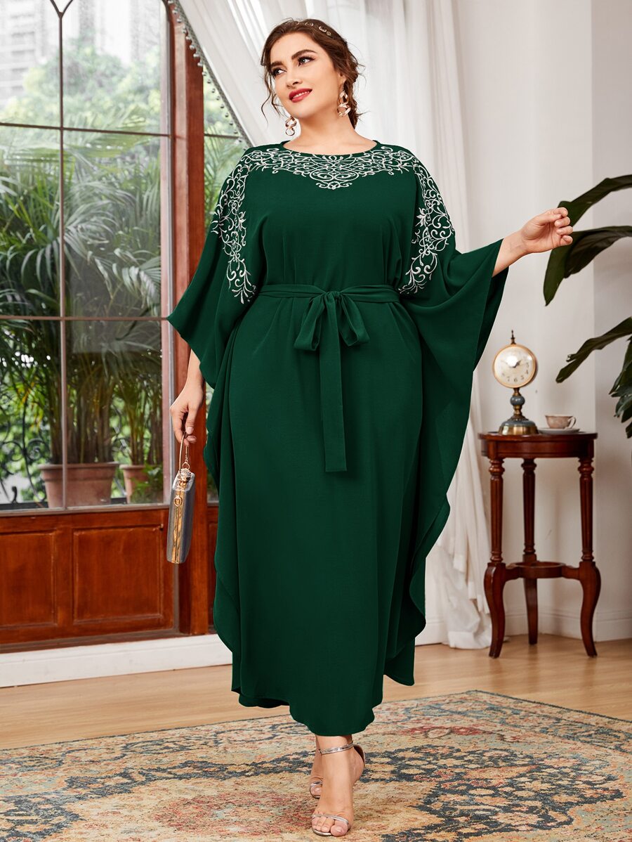Al Najma Plus Embroidery Belted Dress - Dark Green - View 1
