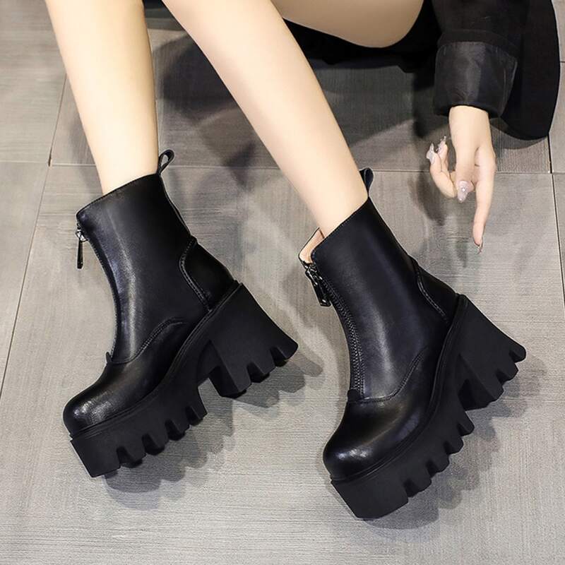 

Zip Front Wedge Boots, Black
