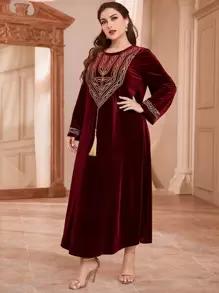 Al Najma Váy thêu tua rua cỡ lớn màu đỏ tía - Màu Đỏ Sâu - Xem 1