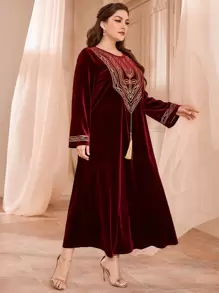 Al Najma Váy thêu tua rua cỡ lớn màu đỏ tía - Màu Đỏ Sâu - Xem 6