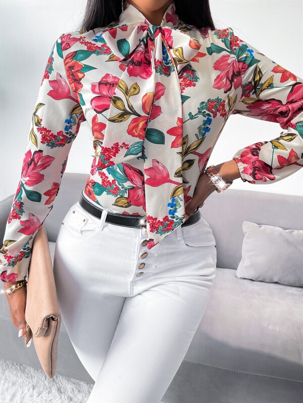 Brilight Floral Print Tie Neck Blouse,Long Sleeve Tops Fall Cloth For Women