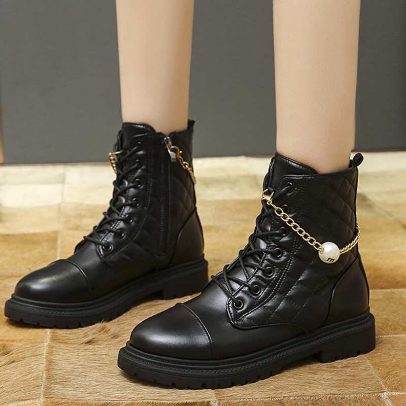 Quilted Lace Up Front Boots, Black