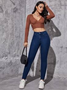 Quần jean nữ Nút Túi Dây kéo màu trơn - Rửa tối - Xem 3