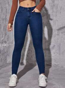 Quần jean nữ Nút Túi Dây kéo màu trơn - Rửa tối - Xem 4