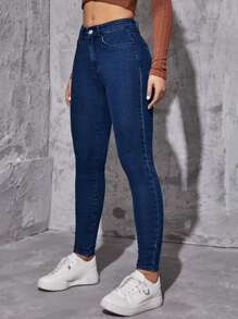 Quần jean nữ Nút Túi Dây kéo màu trơn - Rửa tối - Xem 5