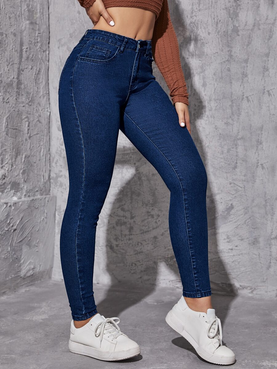 Quần jean nữ Nút Túi Dây kéo màu trơn - Rửa tối - Xem 1