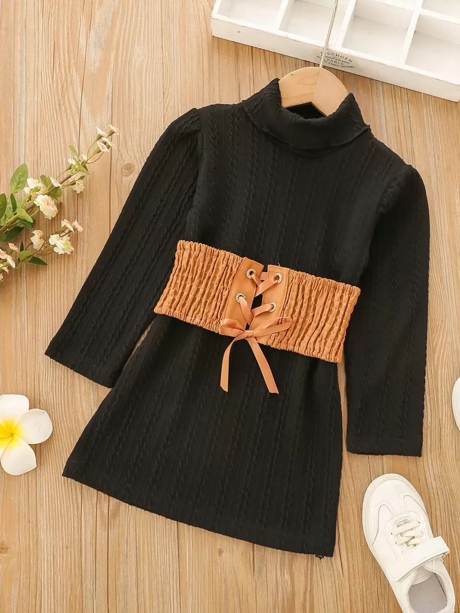 Toddler Girls Cable Textured Turtleneck Dress With Grommet Lace Up Corset