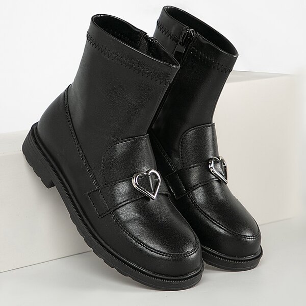 

Girls Metal Decor Side Zipper Boots, Black