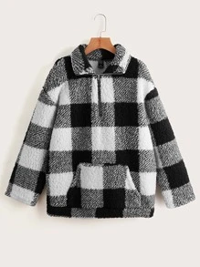 SHEIN Sudadera de guingán con abertura media teddy - Blanco y Negro - Ver 1