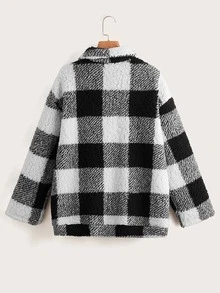 SHEIN Sudadera de guingán con abertura media teddy - Blanco y Negro - Ver 2