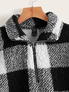 SHEIN Sudadera de guingán con abertura media teddy - Blanco y Negro - Ver 3