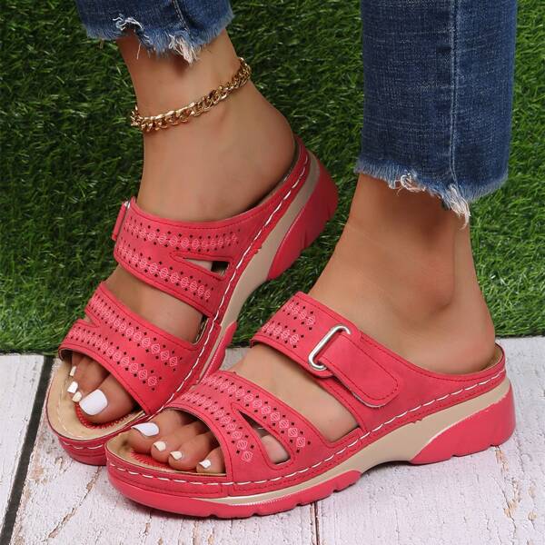 

Hollow Out Design Velcro Strap Wedge Sandals, Red