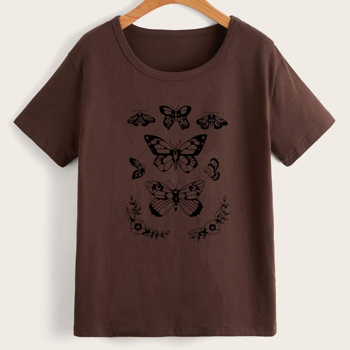

Butterfly & Floral Graphic Tee, Coffee brown