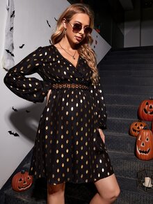 SHEIN 孕婦燙金蕾絲花邊燈籠袖連衣裙 - 黑色 - 查看 5