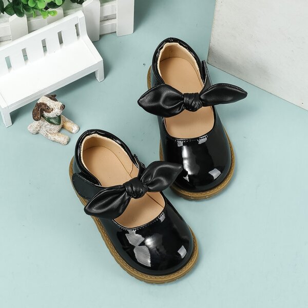

Girls Bow Decor Velcro Strap Flats, Black