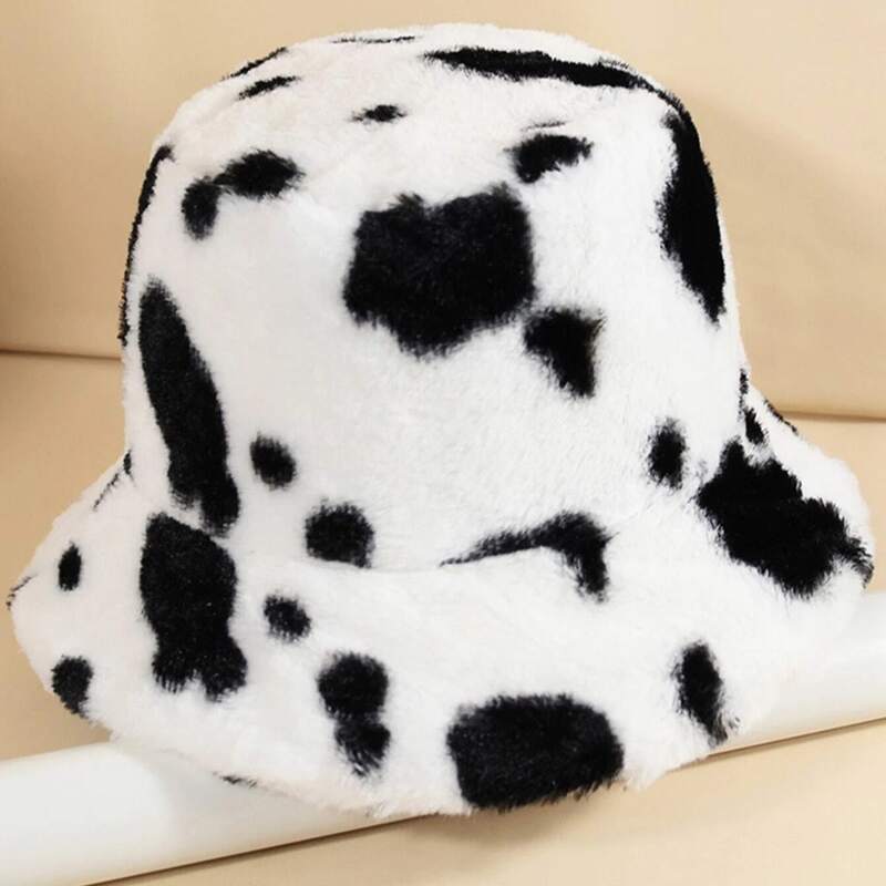 

Cow Print Fluffy Bucket Hat, Black and white