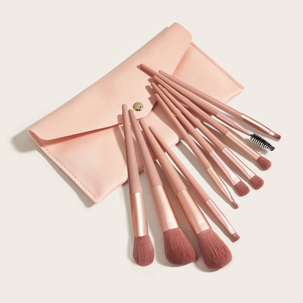 

10pcs Makeup Brush Set & 1pc Storage Bag, Dusty pink