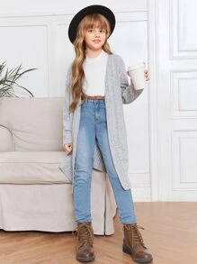 SHEIN Niñas Abrigo de hombros caídos con parte delantera abierta - Gris Claro - Ver 1