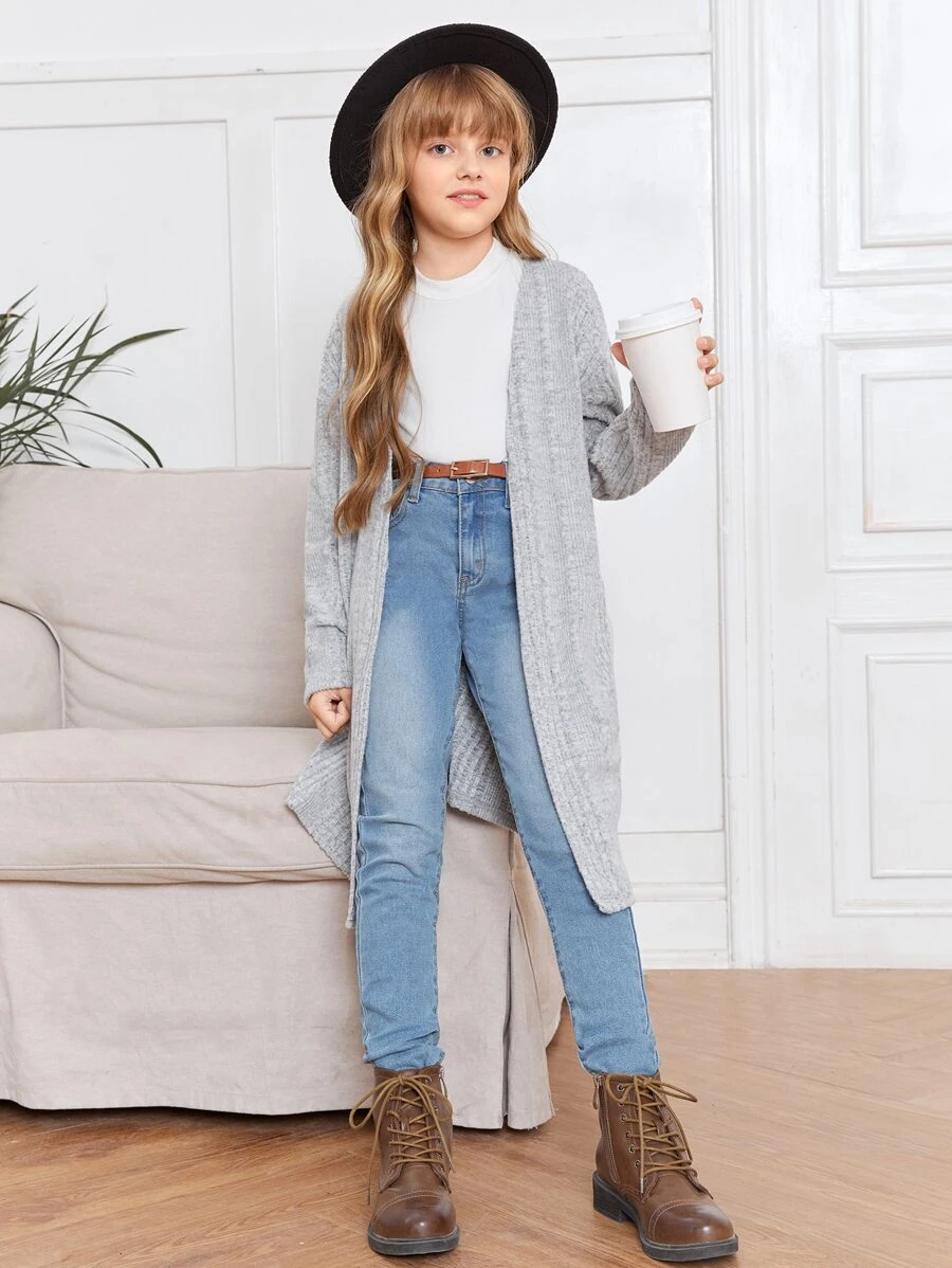 SHEIN Niñas Abrigo de hombros caídos con parte delantera abierta - Gris Claro - Ver 1