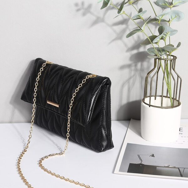 

Metal Decor Quilted Pattern Flap Square Bag, Black