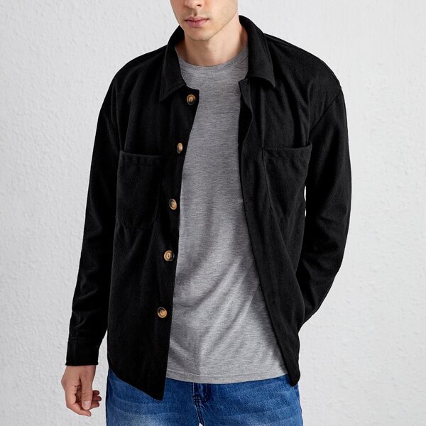 

Men Solid Pocket Patched Overcoat, Black