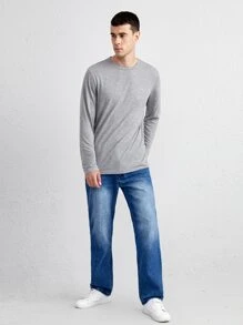 Manfinity NiteLyfe Hombres Camiseta tejido jaspeado de cuello redondo - Gris Claro - Ver 4