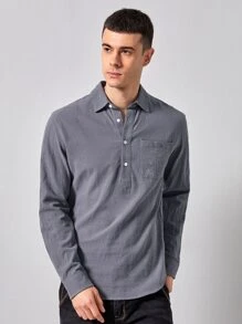 Shein Men Pocket Patched Half Button Shirt Shein Eur