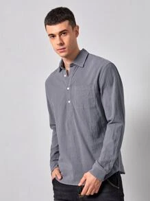 Shein Men Pocket Patched Half Button Shirt Shein Eur