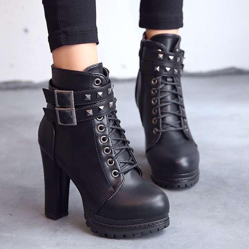 

Studded Decor Lace-up Front Boots, Black